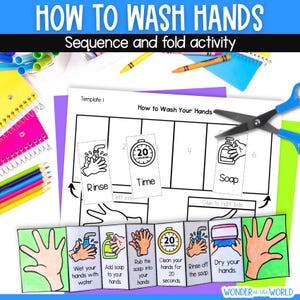 How to wash your hands sequence and fold activity, personal hygiene for kids, handwashing digital download PDF