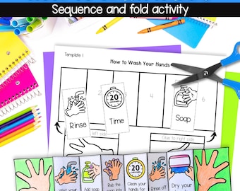 How to wash your hands sequence and fold activity, personal hygiene for kids, handwashing digital download PDF