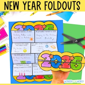 New Year 2026 reflections and goals foldable activity for kids | printable PDF | teacher resource | New Year's Resolutions