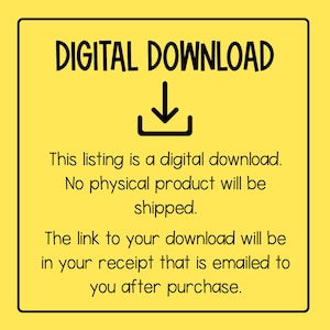 Puede incluir: Se&ntilde;al amarilla de descarga digital con una flecha hacia abajo y el texto: "DESCARGA DIGITAL. Esta lista es una descarga digital. No se enviar&aacute; ning&uacute;n producto f&iacute;sico. El enlace a su descarga estar&aacute; en su recibo que se le enviar&aacute; por correo electr&oacute;nico despu&eacute;s de la compra."