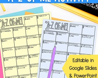 A-Z of me back to school all about me activity for third fourth grade or key stage 2 students printable PDF US and UK files included