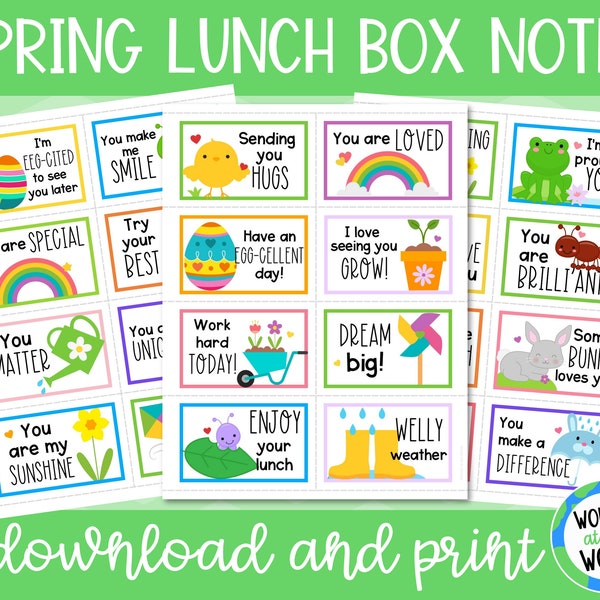 24 lente-afdrukbare lunchboxnotities voor kinderen | afdrukbare digitale download | A4 en 8,5x11