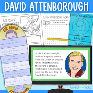 Sir David Attenborough slide show presentation and biography worksheets lesson | Digital Download PowerPoint Google Slides and PDF