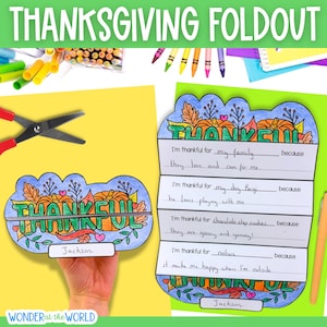 Puede incluir: Manualidad plegable de Acción de Gracias con la palabra "THANKFUL" en un diseño colorido. El desplegable tiene líneas para escribir por qué estás agradecido. La imagen incluye tijeras, crayones y un bolígrafo.