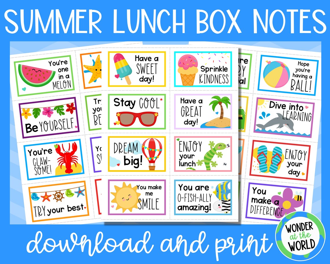 24 Printable Summer Lunch Box Notes for Kids Printable Digital Download ...