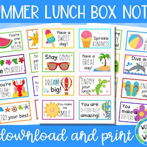 24 afdrukbare zomerse lunchboxbriefjes voor kinderen | afdrukbare digitale download | A4 en 8,5 x 11 inch