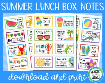 24 printable summer lunch box notes for kids | printable digital download | A4 and 8.5x11