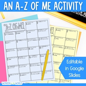 A-Z of me back to school all about me activity for third fourth grade or key stage 2 students printable PDF US and UK files included