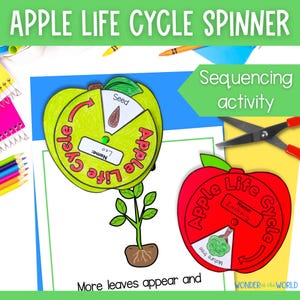 May include: A printable apple life cycle spinner craft activity for kids. The spinner has four sections: seed, sprout, apple tree, and apple. The activity includes a sequencing activity with a red apple spinner and a green apple spinner.