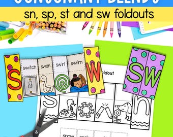 Kindergarten first grade sn, sp, st and sw consonant blends foldable activity | digital download | printable PDF