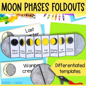 Phases of the moon foldout kids' science craft | A4 and 11x8.5 inch | Digital Download | Cut and paste lunar cycle
