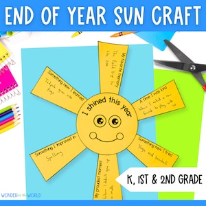May include: A yellow sun craft with a smiling face and rays that have prompts for students to write about their favorite memories, accomplishments, and learning experiences. The text "I shined this year" is written on the sun's face. The text "K, 1st & 2nd Grade" is written at the bottom of the craft.