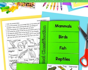 Animal classification sort cut and paste lift the flap book activity digital download PDF printable for kids