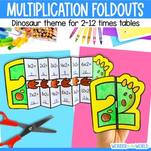 Multiplication printable foldout activity | 2-12 times tables | math facts craft booklets | dinosaur theme | A4 and 11x8.5 inch PDF
