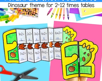 Multiplication printable foldout activity | 2-12 times tables | math facts craft booklets | dinosaur theme | A4 and 11x8.5 inch PDF