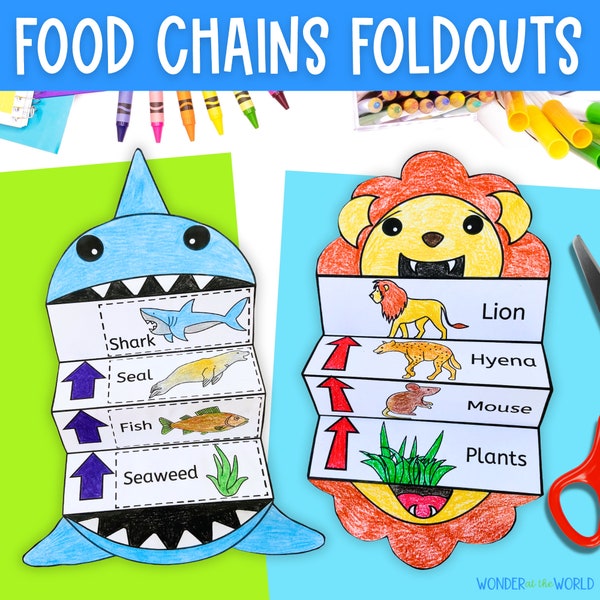 Food chains foldable kids' craft with shark, bear and lion templates | Digital Download PDF | Science cut and paste activity