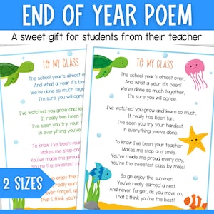 Carta de poema de fin de año escolar del maestro a los alumnos de la clase / PDF imprimible / temática de animales del océano / A4 y 8,5 x 11 pulgadas