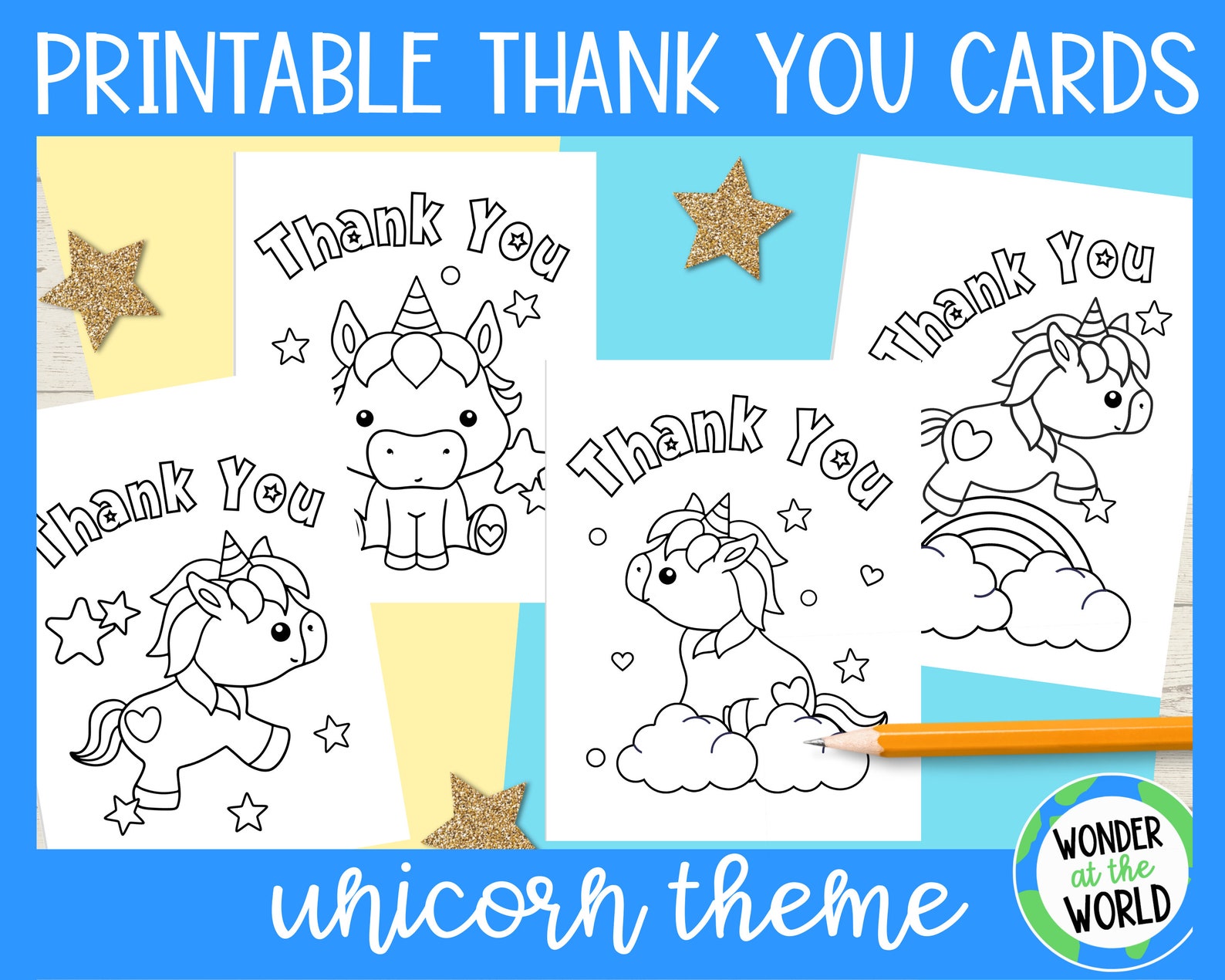 Unicorn Printable Kids Thank You Cards to Color Digital Download 2 ...