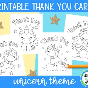 Biglietti di ringraziamento stampabili per bambini con unicorno da colorare/download digitale/2 dimensioni/colorazione per bambini/Note di ringraziamento da stampare