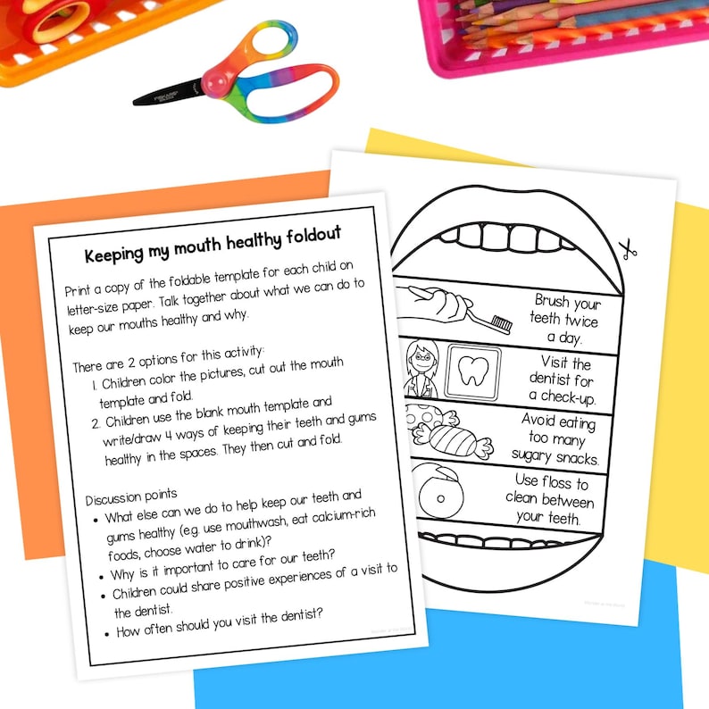 May include: A black and white printable foldable template for teaching children about oral hygiene. The template features a cartoon mouth with different sections showing how to brush teeth, visit the dentist, avoid sugary snacks, and floss. The text "Keeping my mouth healthy foldout" is at the top of the page.