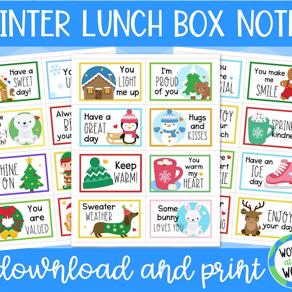 24 printable winter Christmas lunch box notes for kids | printable digital download | A4 and 8.5x11