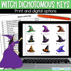 May include: A laptop screen displays a Halloween-themed educational activity. The title "WITCH DICHOTOMOUS KEYS" is at the top. The screen shows nine different witch hats, each with a number. A witch illustration points to the screen. An orange pen rests on a worksheet.