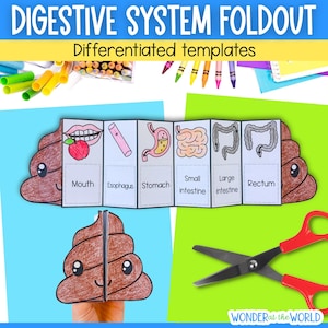 May include: A digestive system foldout craft template featuring a brown cartoon poop shape. The unfolded paper shows illustrations of the mouth, esophagus, stomach, small intestine, large intestine, and rectum with labels. Includes red-handled scissors.