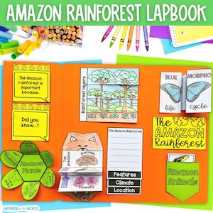 Puede incluir: Un colorido lapbook de la selva amazónica para niños. El lapbook incluye una variedad de actividades, como un diagrama de las capas de la selva tropical, una rueda de identificación de plantas, un libro de solapa sobre el depredador superior y un libro de solapa sobre el ciclo de vida de la mariposa. El lapbook también incluye una sección de escritura para que los estudiantes registren su aprendizaje.