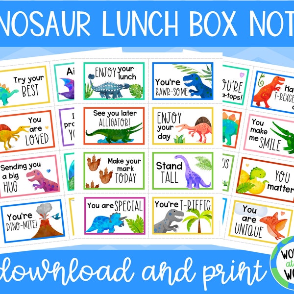 24 dinosaur printable lunch box notes for kids | printable digital download | A4 and 8.5x11