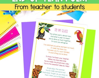 End of school year poem letter from teacher to students pupils class | Printable PDF | jungle animal themed | A4 and 8.5 x 11 inch