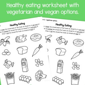 May include: Black and white printable worksheet with two sections titled "Healthy Eating". The worksheet is designed to help children learn about healthy eating habits by drawing lines around different food items. The first section includes foods like a banana, chicken, donut, bread, carrot, milk, pasta, french fries, eggs, and broccoli. The second section includes foods like a banana, gummy bears, donut, bread, carrot, milk, pasta, french fries, eggs, and broccoli.