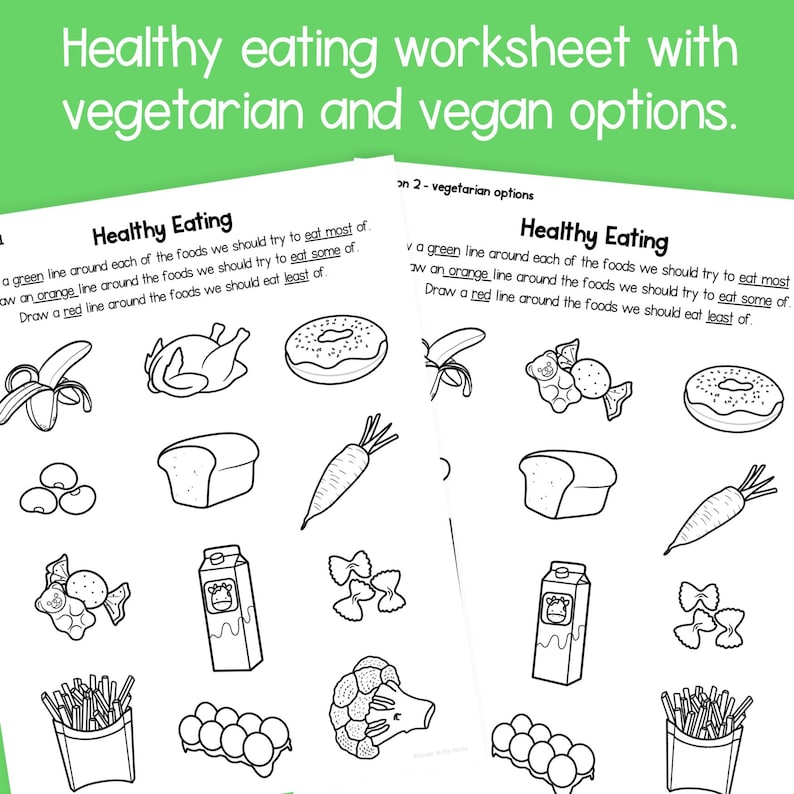 May include: Black and white printable worksheet with two sections titled "Healthy Eating". The worksheet is designed to help children learn about healthy eating habits by drawing lines around different food items. The first section includes foods like a banana, chicken, donut, bread, carrot, milk, pasta, french fries, eggs, and broccoli. The second section includes foods like a banana, gummy bears, donut, bread, carrot, milk, pasta, french fries, eggs, and broccoli.