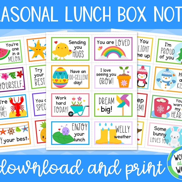 96 printable lunch box notes for spring, summer, fall autumn, winter | notes for kids lunch box | A4 and 8.5x11 inch | Digital download