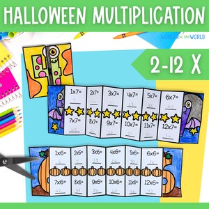 Halloween math multiplication activity foldouts for 2-12 times table with bat, pumpkin and monster designs PDF Digital Download
