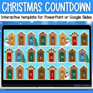Può includere: Un calendario dell'avvento digitale di Natale con 24 porte, ciascuna con un numero diverso. Le porte sono decorate con immagini a tema natalizio, come pupazzi di neve, ghirlande e alberi. Il calendario è visualizzato sullo schermo di un laptop.