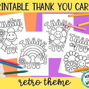 Tarjetas de agradecimiento para niños, para imprimir, para colorear, con diseño de flores retro hippies / descarga digital / 2 tamaños / para colorear para niños / Notas de agradecimiento para imprimir