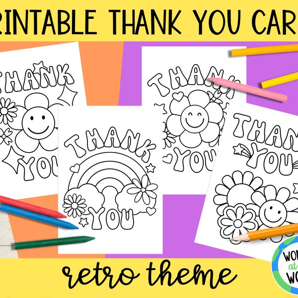 Retro flower hippie kids printable thank you cards to color | digital download | 2 sizes | kids coloring | Thank you notes to print