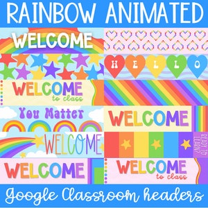 Bright rainbow themed animated Google Classroom headers banners for teachers