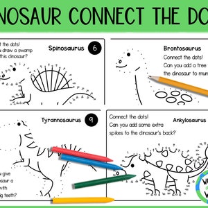 Dinosaur connect the dots printable activity sheets for kids, dot to dot, A4 and US letter size