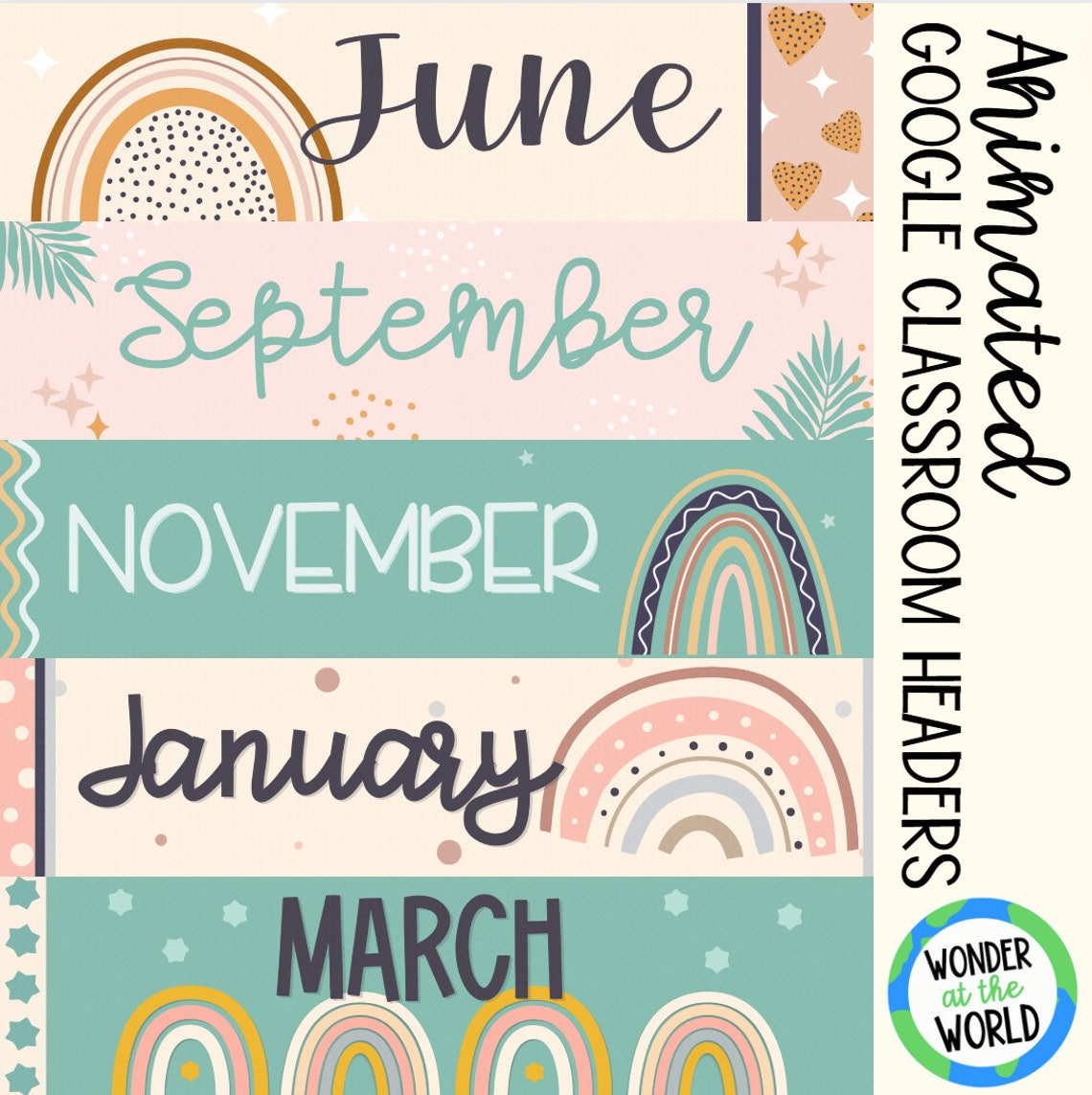 Boho Rainbow Animated Google Classroom Banners Headers Months of the ...