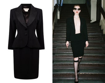 YVES SAINT LAURENT Rive Gauche Vintage 1990s 1980s Classic Black Tailored Tuxedo Skirt Suit Chic Elegant Fabulous Helmut Newton Style Chic