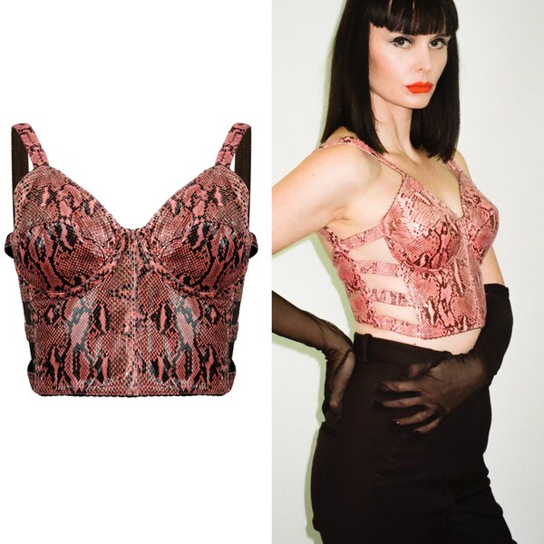 JEAN PAUL GAULTIER S/S 1991 Rare Vintage Pink Python Bustier Bra Corset Iconic Vintage Gaultier Longline Cut Out Bra-let Madonna Style Femme