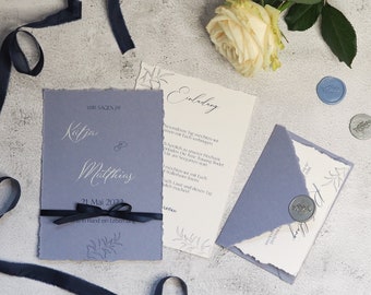 Wedding Invitation Vintage / Personalized / 2 Inserts and Response Card / with Satin Ribbon and Calligraphy / Dove Blue & Navy
