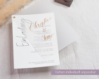 Wedding invitation Modern & minimalist / personalized / with tracing paper, silk ribbon and calligraphy / different colors
