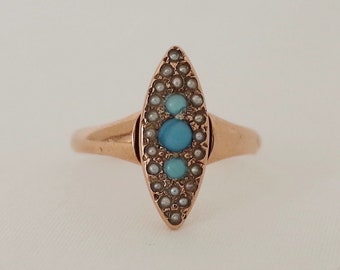 Anillo navette de turquesa y semilla de 10K