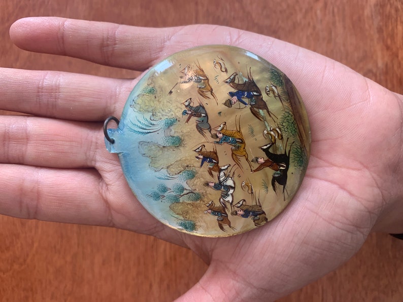 Antique hand painted Persian mother of pearl pendant hunting scene