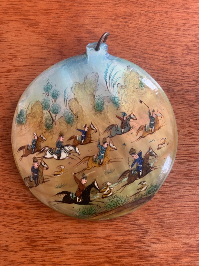 Antique hand painted Persian mother of pearl pendant hunting scene