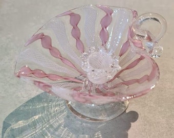 RAR Italienische Murano Glas Zanfirico 50er/1960er Jahre Vintage Design Kerzenhalter Kerzenleuchter Glaskunst Schale Rosa Klar Glas Glitzer