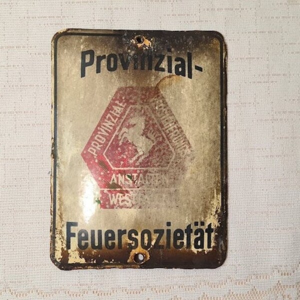 Oud emaille bord Provinzial Feuersocietät Westfalen Vintage jaren 1940 metalen bord wanddecoratie wanddecoratie