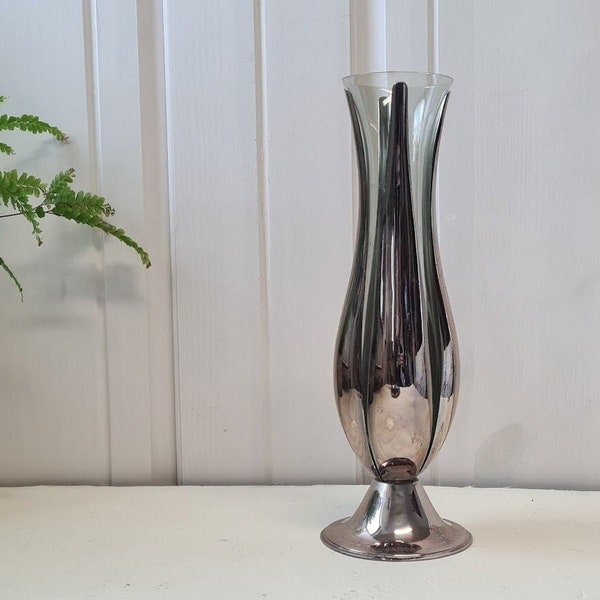QUIST Smoked Glass Vase H-28 cm with Metal Mount Silver Plated Vintage 70s Rose Vase Flower Vase Table Vase Germany